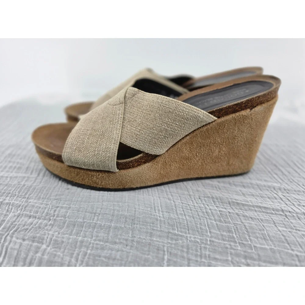 Donald J Pliner Womens 8.5M Beige Fabric Crisscross Suede Wedge Sandals Spain